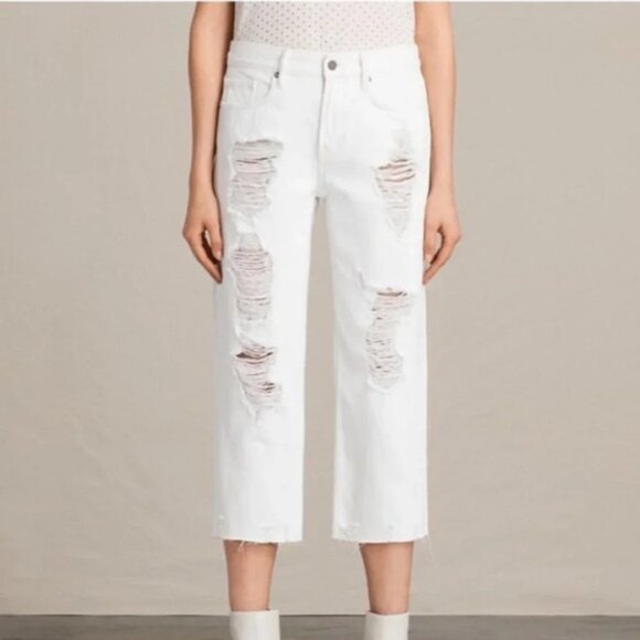 All Saints White Jeans Ivy Destroy Boy Distressed Straight Leg Denim high rise - Picture 1 of 16